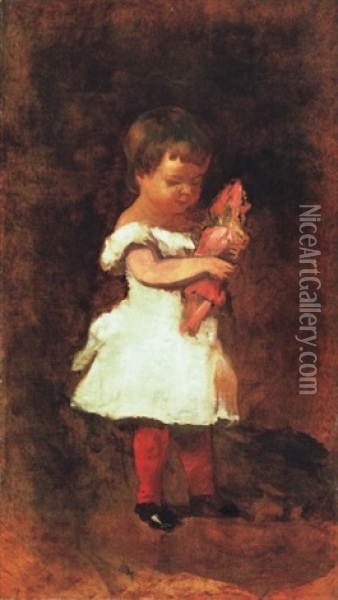 Kislany Babaval - Girl With Doll Oil Painting - Bela Pallik