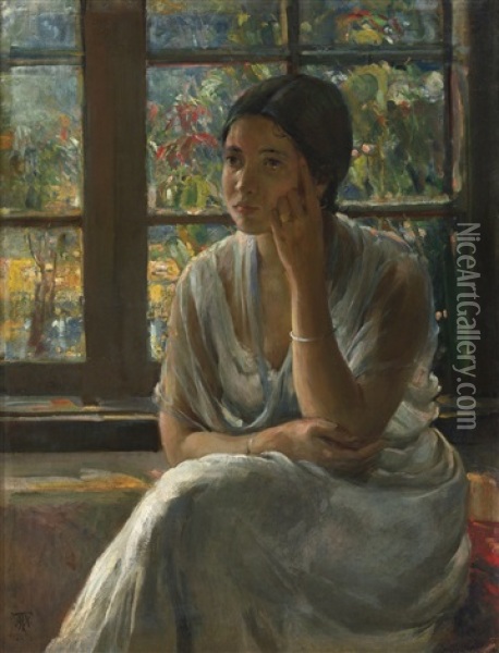 Girl At Window Oil Painting - Antonio Xavier Trindade