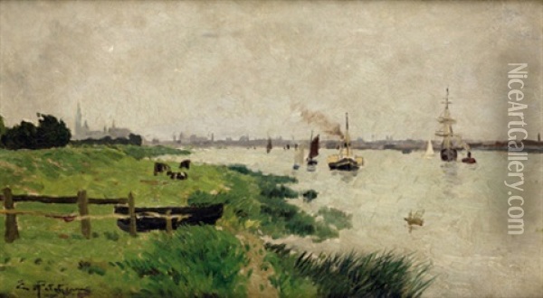 Bord De Seine Oil Painting - Edmond Marie Petitjean