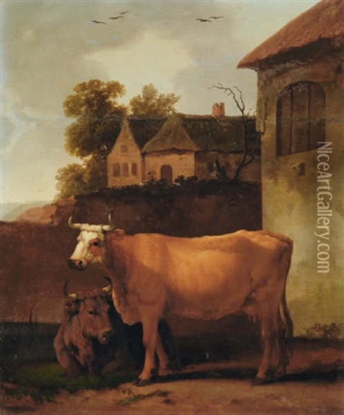 Kuhe Vor Gehoft Oil Painting - Abraham Van Calraet