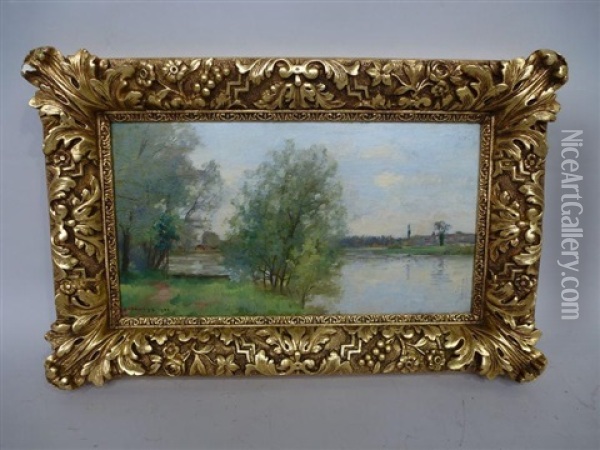 Paysage A La Riviere Oil Painting - Pierre Emmanuel Eugene Damoye