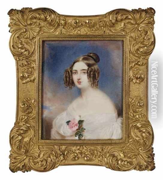 Portrait De Femme En Robe Blanche Ornee D'une Rose, Coiffee D'anglaises (after Moritz Michael Daffinger) Oil Painting - Emanuel Thomas Peter