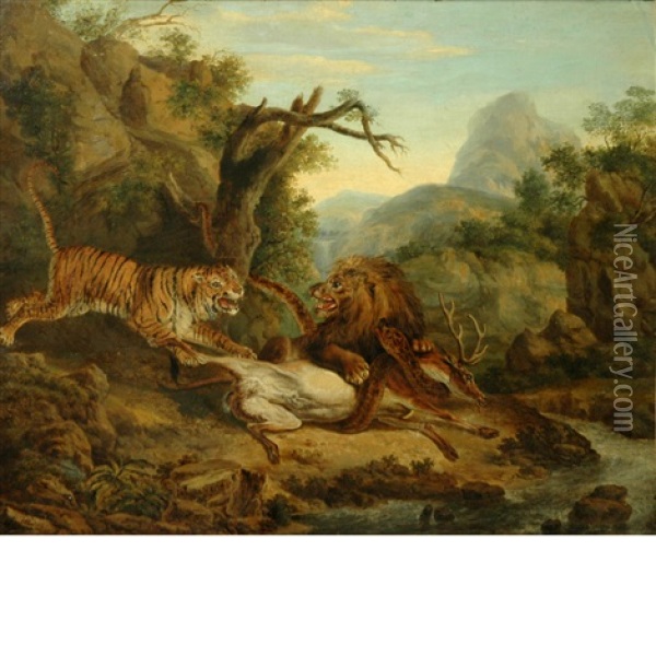 A Lion And A Tiger Fighting Over A Stag Oil Painting - Philipp Reinagle