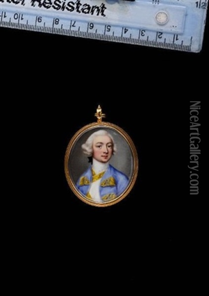 A Gentleman, Wearing Pale Blue Coat Over White Waistcoat, Both Trimmed With Gold Embroidery And Button Holes, White Stock, His Powdered Wig Worn En Queue Tied With A Black Ribbon Bow Oil Painting - Jean Andre Rouquet