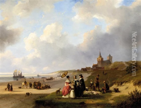 Een Strandgezicht Bij Scheveningen: Elegant Figures On The Beach On A Summer Day Oil Painting - Nicolaas Johannes Roosenboom
