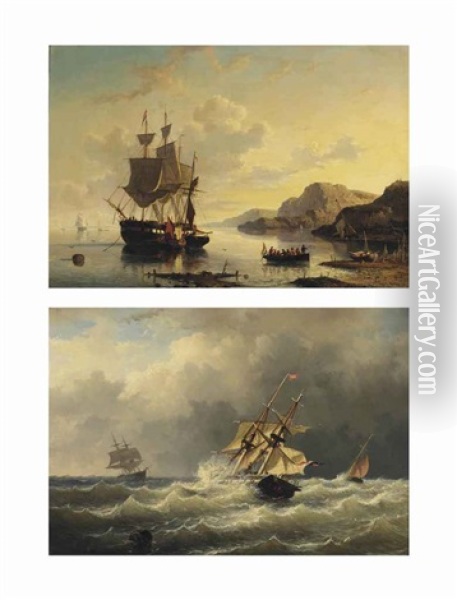 A Dutch Tree-master At Anchor In A Bay; A Dutch Two-master Braving The Waves (pair) Oil Painting - Willem Gruyter The Younger