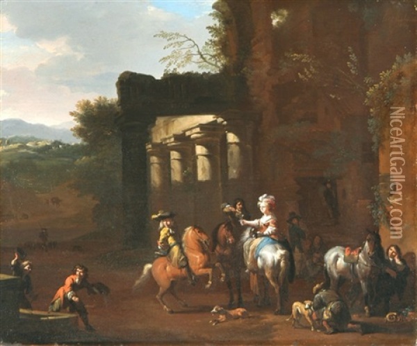 Rastende Gesellschaft Zu Pferd Oil Painting - Jan van Huchtenburg