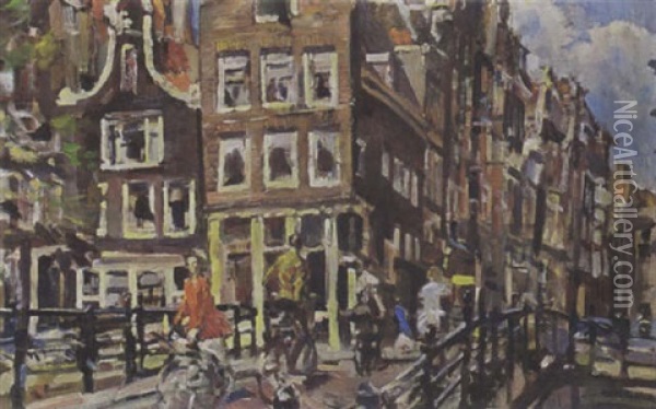 Cyclists Crossing A Bridge In A Dutch Town Oil Painting - Erasmus Bernhard Van Dulmen Krumpelman