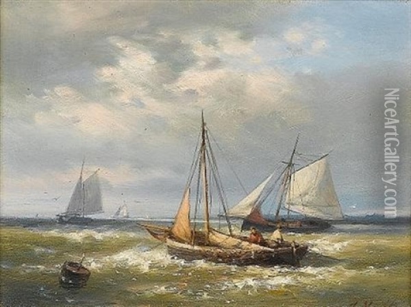 Shipping In A Calm; A Stiff Breeze (2 Works) Oil Painting - Abraham Hulk the Elder