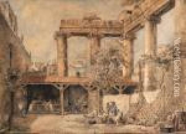 A Courtyard At The Villa Pamphilj, Rome Oil Painting - Hubert Robert