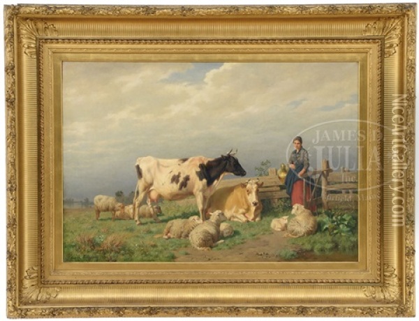 Milkmaid Entering A Field With Cows And Sheep Oil Painting - Edmond Tschaggeny