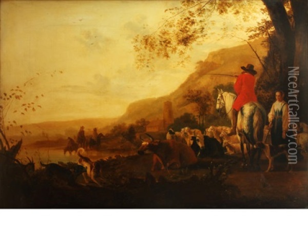 Drovers With Their Flocks By A River, A Farmhouse Beyond (after Aelbert Cuyp) Oil Painting - Joseph Arthur Crowe
