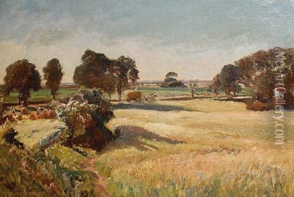 Haymakers In A Summer Landscape Oil Painting - Viggo Pedersen