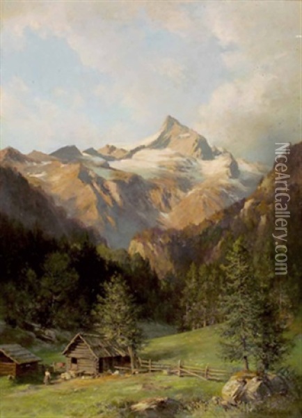 Almhutte Mit Blick Auf Bergspitze Oil Painting - Franz Kulstrunk