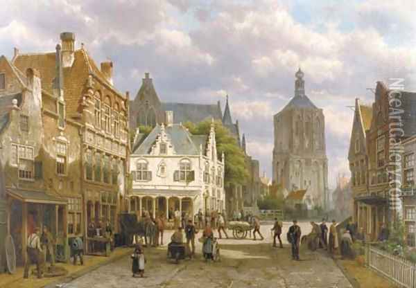 A capriccio view of a sunlit town square with numerous figures Oil Painting - Willem Koekkoek