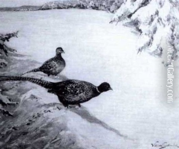 Fasaner I Vinterlandskap Oil Painting - William Gislander