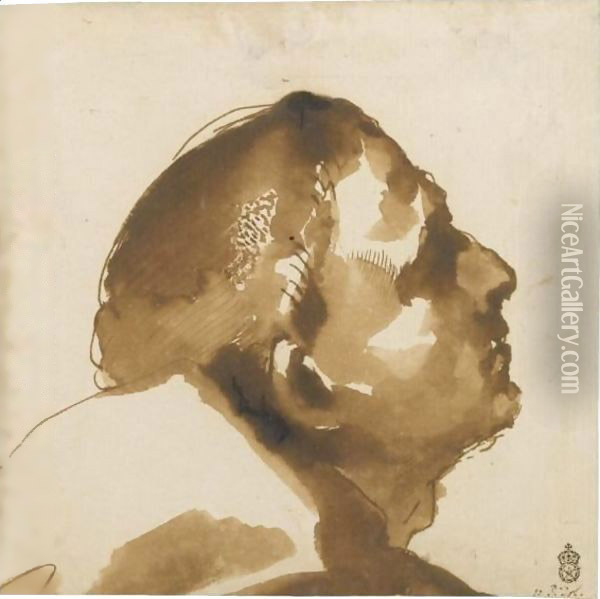 The Head Of A Man In Profile, Looking Up Oil Painting - Giovanni Francesco Barbieri