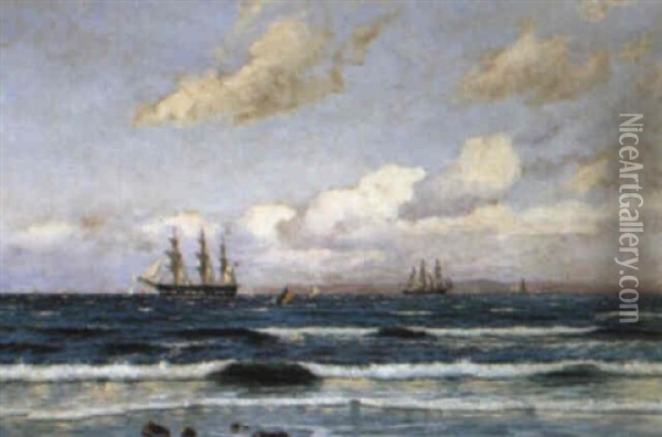 Marine Med Sejlskibe Ud For Nordsjaellands Kyst Oil Painting - Carl Ludvig Thilson Locher