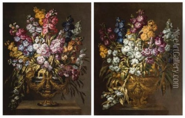 A Pair Of Still Lifes Of Flowers In Elaborate Gilt Urns, Each On A Stone Pedestal (pair) Oil Painting - Gabriel de LaCorte