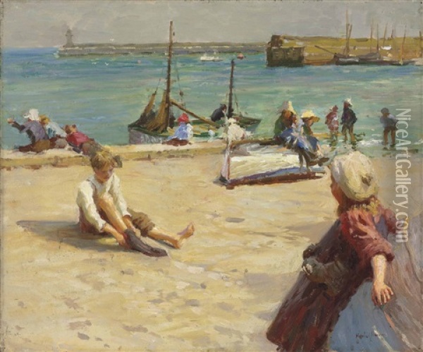 Children On The Quay, Newlyn Oil Painting - Harold Harvey