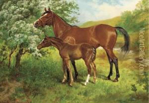 A Mare And Foal In An Orchard Oil Painting - Wilson Hepple