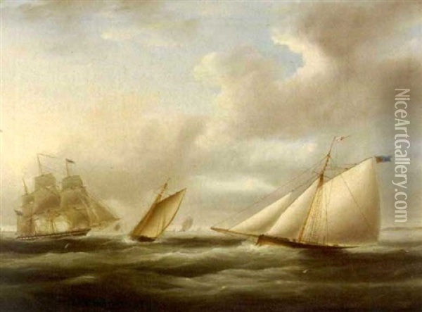 A Frigate And Schooner Yachts Off A Coast Oil Painting - James Edward Buttersworth