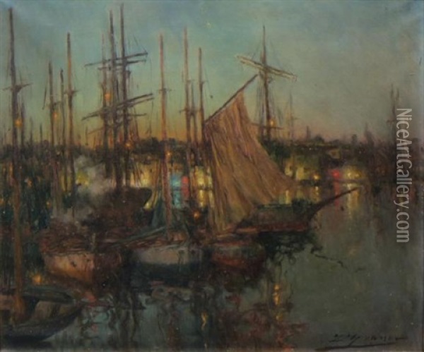 Boats In Harbor Oil Painting - Luis Graner y Arrufi