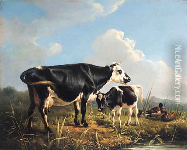 Cows and Ducks beside a Pond Oil Painting - Eugene Joseph Verboeckhoven