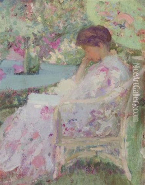 Reading In The Garden Oil Painting - Richard Edward Miller