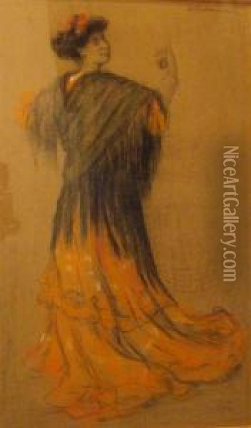Portrait De Femme Au Chale Noir Oil Painting - Henry D Estienne