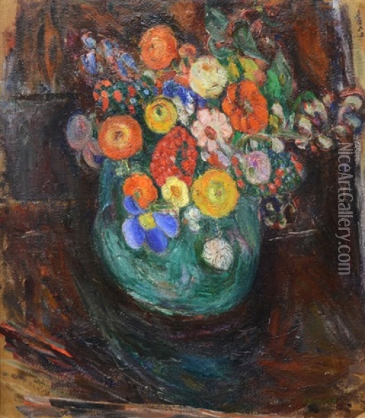 Still Life With Green Vase And Flowers (+ Winter Village Scene, Verso) Oil Painting - Abraham Manievich
