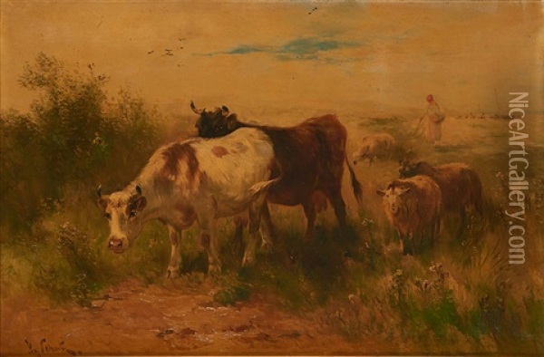 Vaches Et Moutons En Bord De Mer. Oil Painting - Henry Schouten