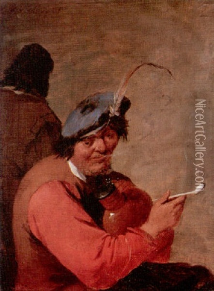A Peasant Holding A Flaggon And Smoking A Pipe Oil Painting - Matheus van Helmont