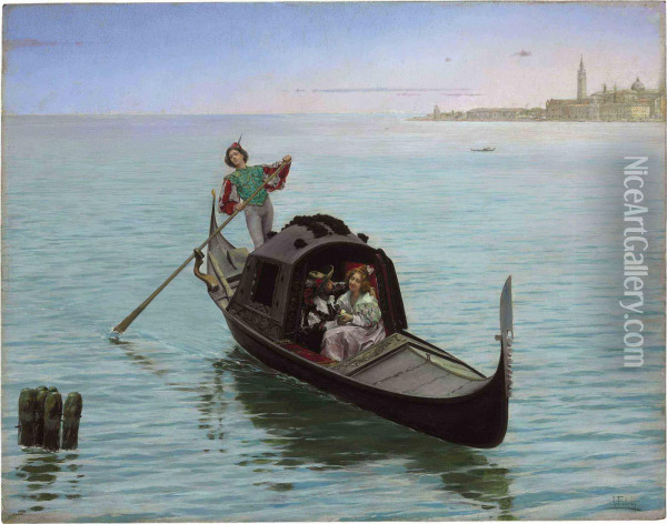 A Romantic Gondola Ride In Venice Oil Painting - Antonio Maria Fabres Y Costa