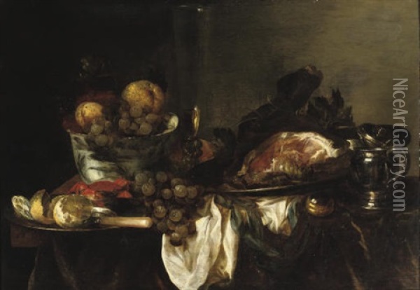 A Blue And White Porcelain Bowl With Fruit, White Wine, A Leg Of Ham On A Silver Platter With A Crab All On A Table Oil Painting - Abraham van Beyeren