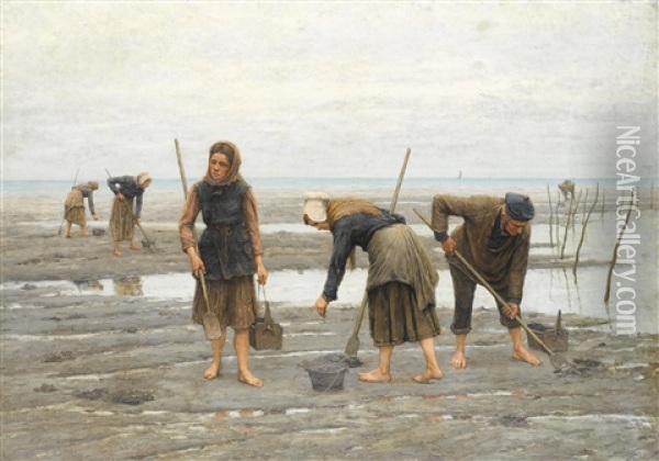 Clam Gatherers Oil Painting - Jules Denneulin