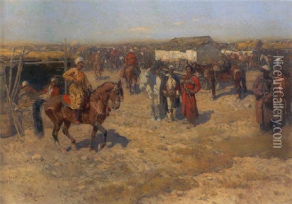 Pferdemarkt Im Kaukasus Oil Painting - Franz Roubaud