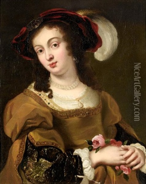 Portrait Of A Young Woman In A Gold Dress Oil Painting - Jan Cossiers