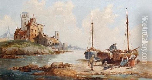 Unloading The Catch (+ Fishing On A Lake; Pair) Oil Painting - Anton Schoth