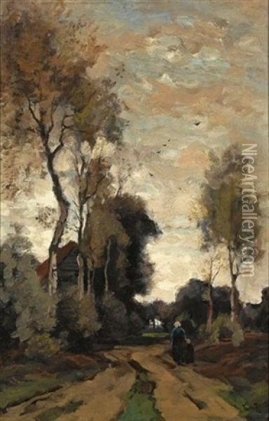 Figures On A Path In A Wooded Landscape Oil Painting - Theophile De Bock