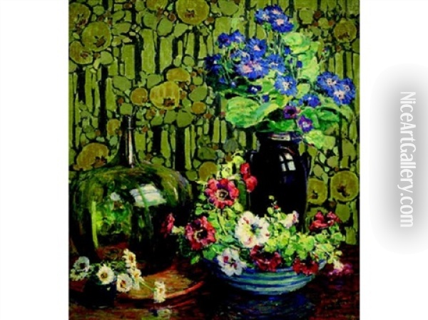 Floral Still Life With Bachelor's Buttons, Petunias And Zinnias In Glass Oil Painting - Kathryn E. Bard Cherry