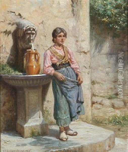 An Italian Woman By A Fountain Oil Painting - Niels Frederik Schiottz-Jensen
