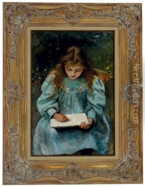 Girl Drawing In A Book Oil Painting - Leo A. Malempre