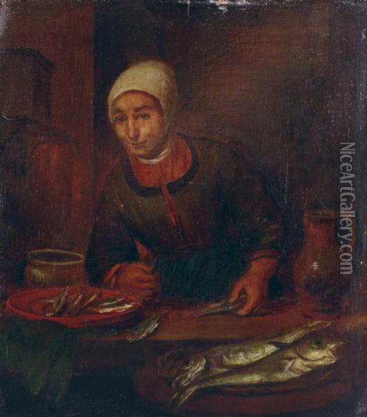 Kucheninterieur Mit Magd Und Fischen. Oil Painting - Hendrick Maertensz. Sorch (see Sorgh)