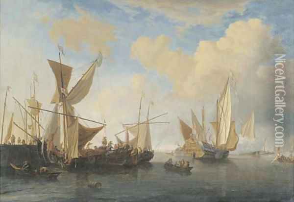 A wijdschip and a smalschip lying at a pierhead, a States Yacht leaving Oil Painting - Willem van de Velde the Younger