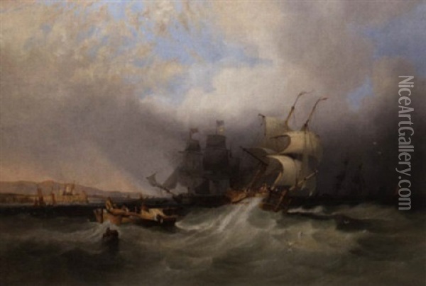 Heeling In The Swell Off The Harbour Mouth Oil Painting - John Wilson Carmichael