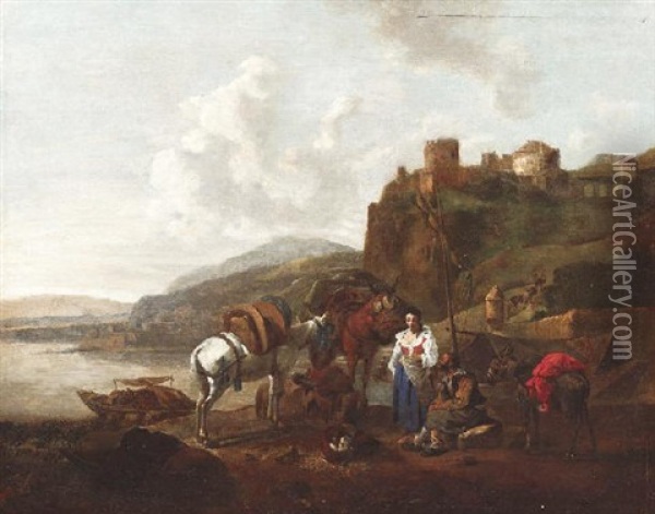 Rastende Reisende Mit Maultieren Auf Dem Weg Zu Einer Burganlage Oil Painting - Jan Asselijn