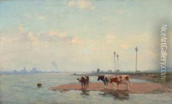 Cows On The Water'sedge Oil Painting - Bernard Antoine Van Beek