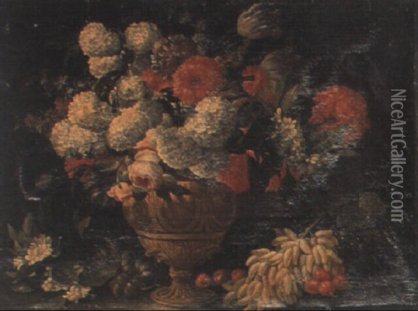 Jarron Con Flores Y Uvas En Un Paisaje Oil Painting - Abraham Brueghel