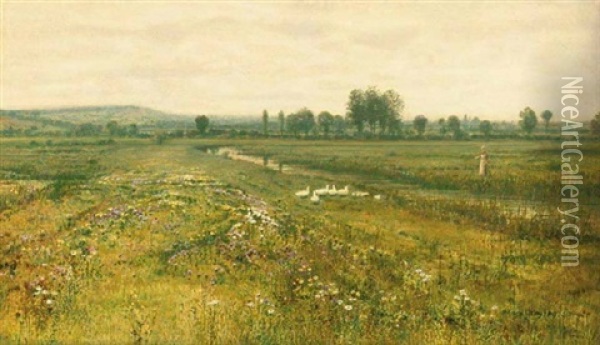 An Extensive Meadow Landscape With Geese By A Stream Oil Painting - John Atkinson Grimshaw